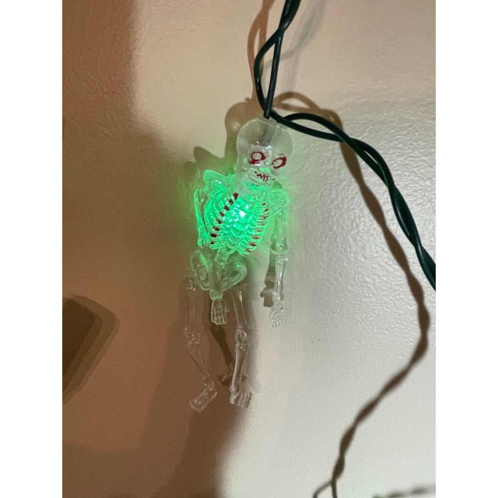 Halloween Skeleton String Lights 10 Count Green and White Glow Spooky Decor - Picture 4 of 13